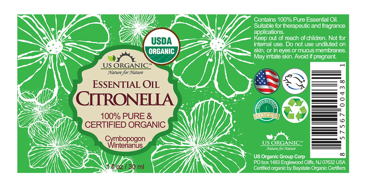 Flacon d'huile essentielle de citronnelle US Organic 30 ml avec étiquette