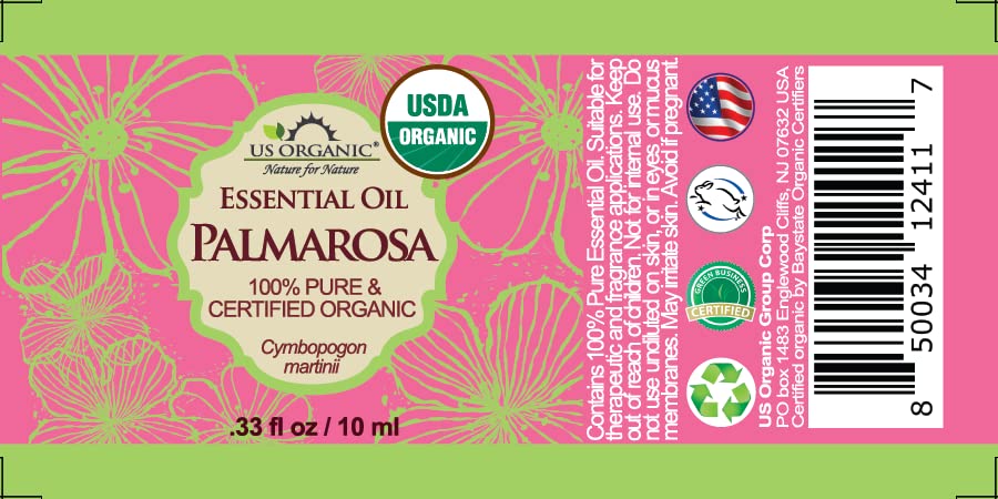 Flacon d'huile essentielle de palmarosa avec étiquette bio