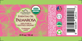 Flacon d'huile essentielle de palmarosa avec étiquette bio
