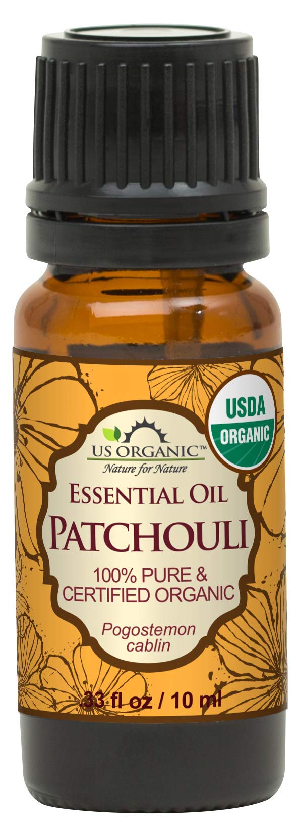 Flacon d'huile essentielle de patchouli 10 ml US Organic avec étiquette bio