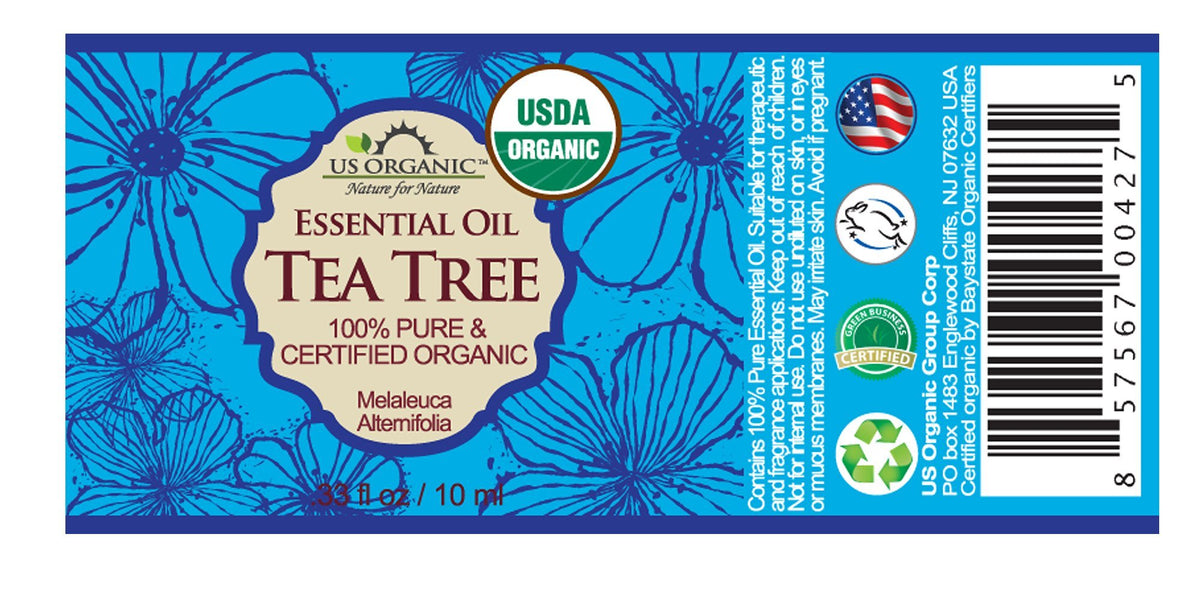 Flacon d'huile essentielle de tea tree US Organic 10 ml avec étiquette
