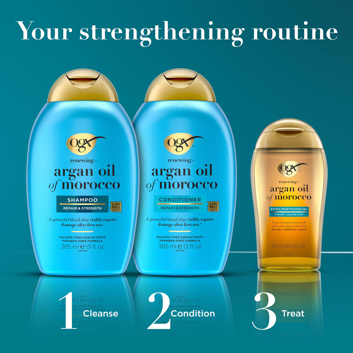 Flacon d'OGX huile d'argan avec arrière-plan floral