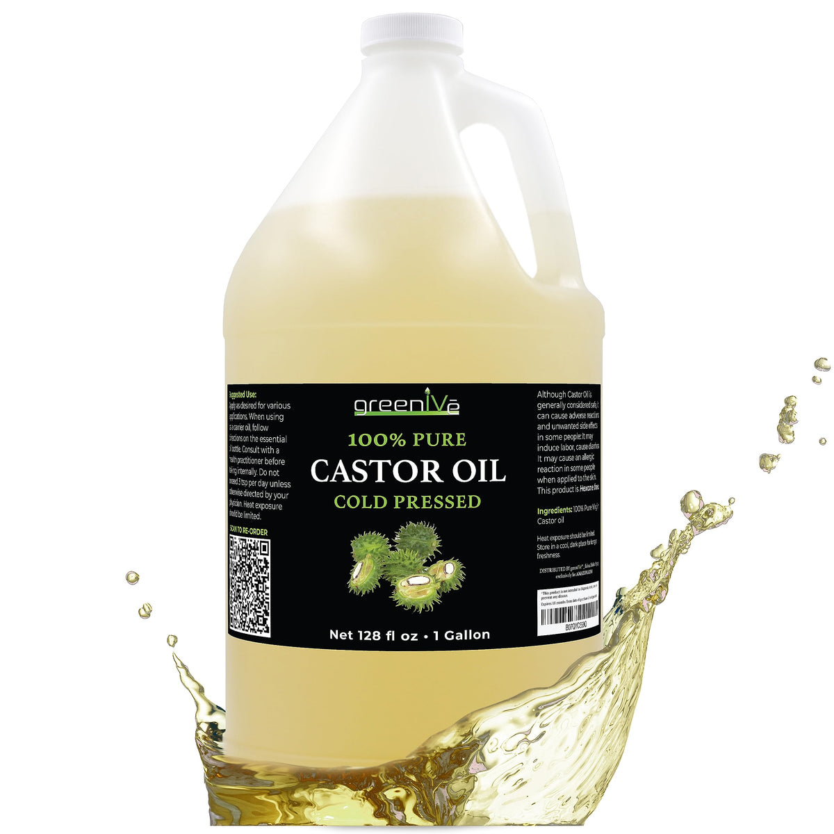 Flacon de 1 gallon d'huile de ricin GreenIVe pur, vue avant