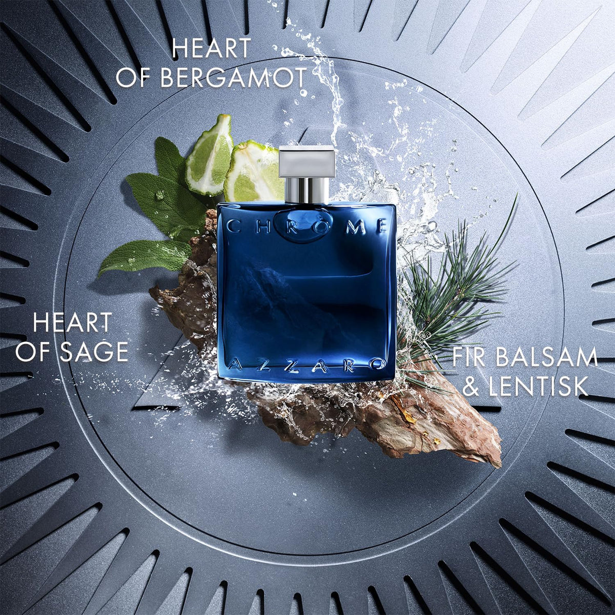 Flacon de Azzaro Chrome Parfum 100 ml avec fond bleu vibrant