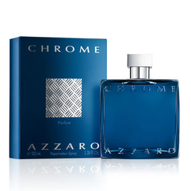 Flacon de Azzaro Chrome Parfum 100 ml vue de face avec étiquette élégante