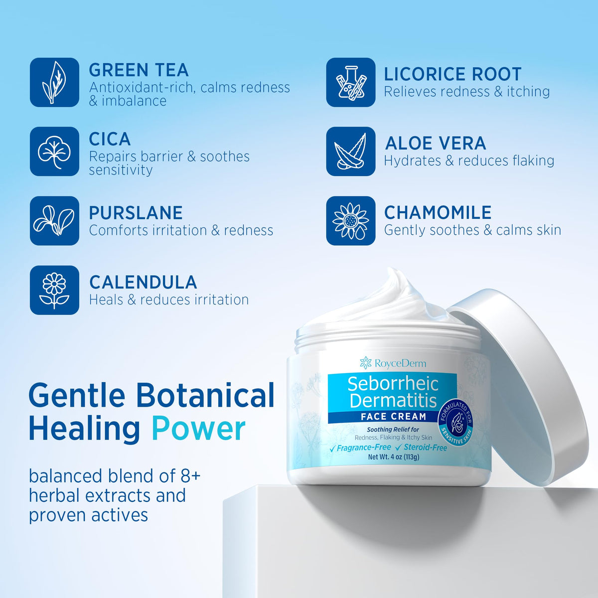 Flacon de crème Roycederm ouvert montrant la texture