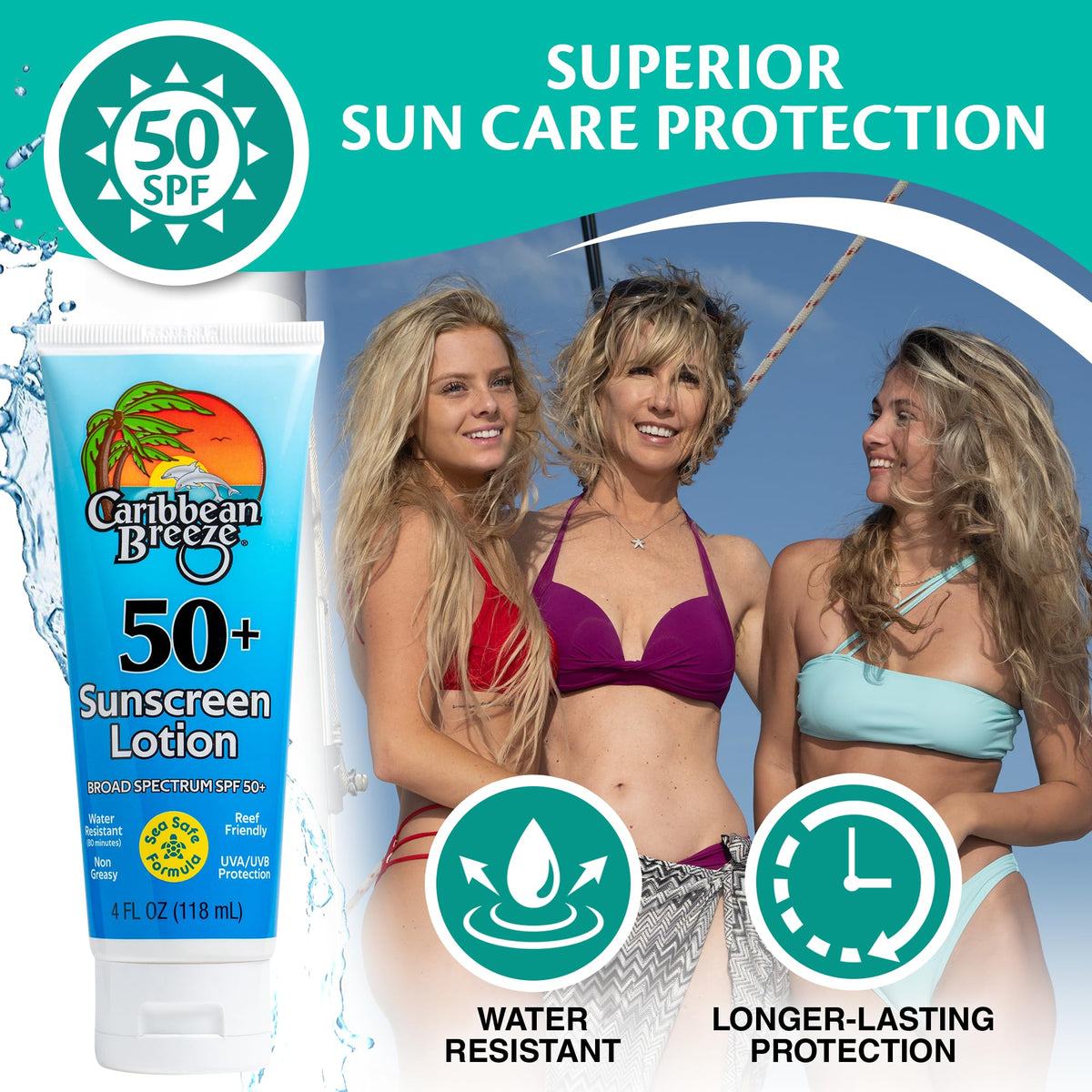 Flacon de crème solaire Caribbean Breeze SPF 50 avec bouchon