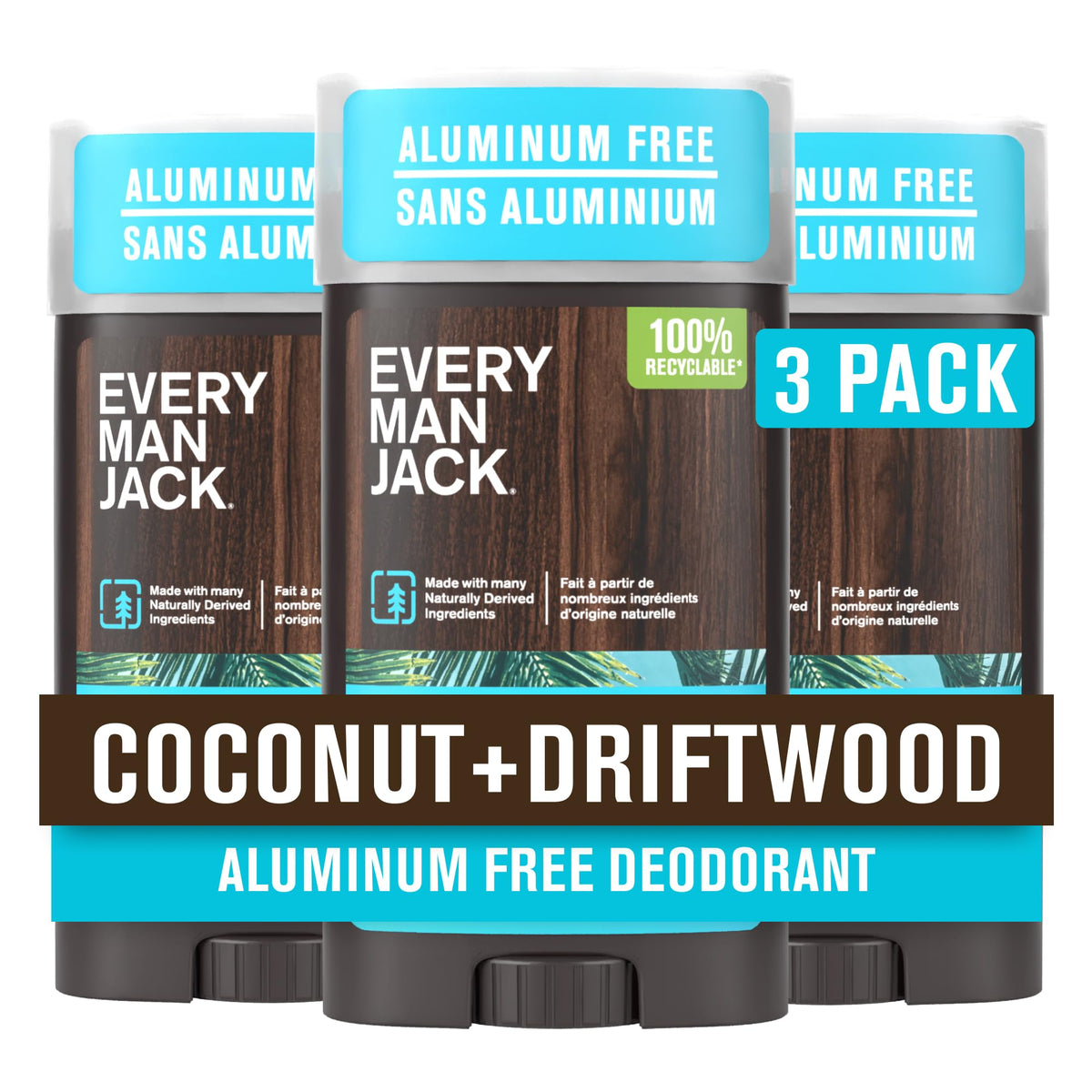 Flacon de déodorant Every Man Jack 3pk vue avant avec parfum Coco Driftwood
