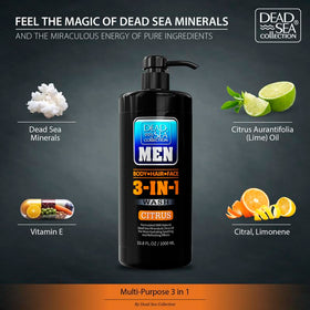 Flacon de gel douche 3 en 1 Dead Sea Collection avec étiquette visible