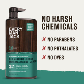 Flacon de Gel Douche 3-en-1 Every Man Jack sur une étagère de salle de bain
