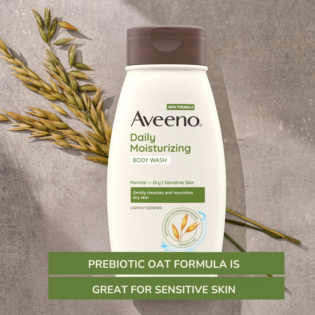 Flacon de gel douche Aveeno 355 ml sur un fond blanc