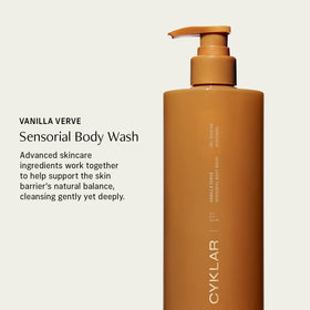 Flacon de gel douche CYKLAR 16,5 fl oz vue arrière avec ingrédients