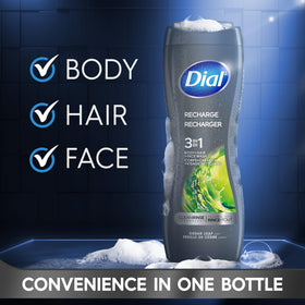 Flacon de gel douche Dial 3 en 1 pour hommes vue arrière avec détails de composition