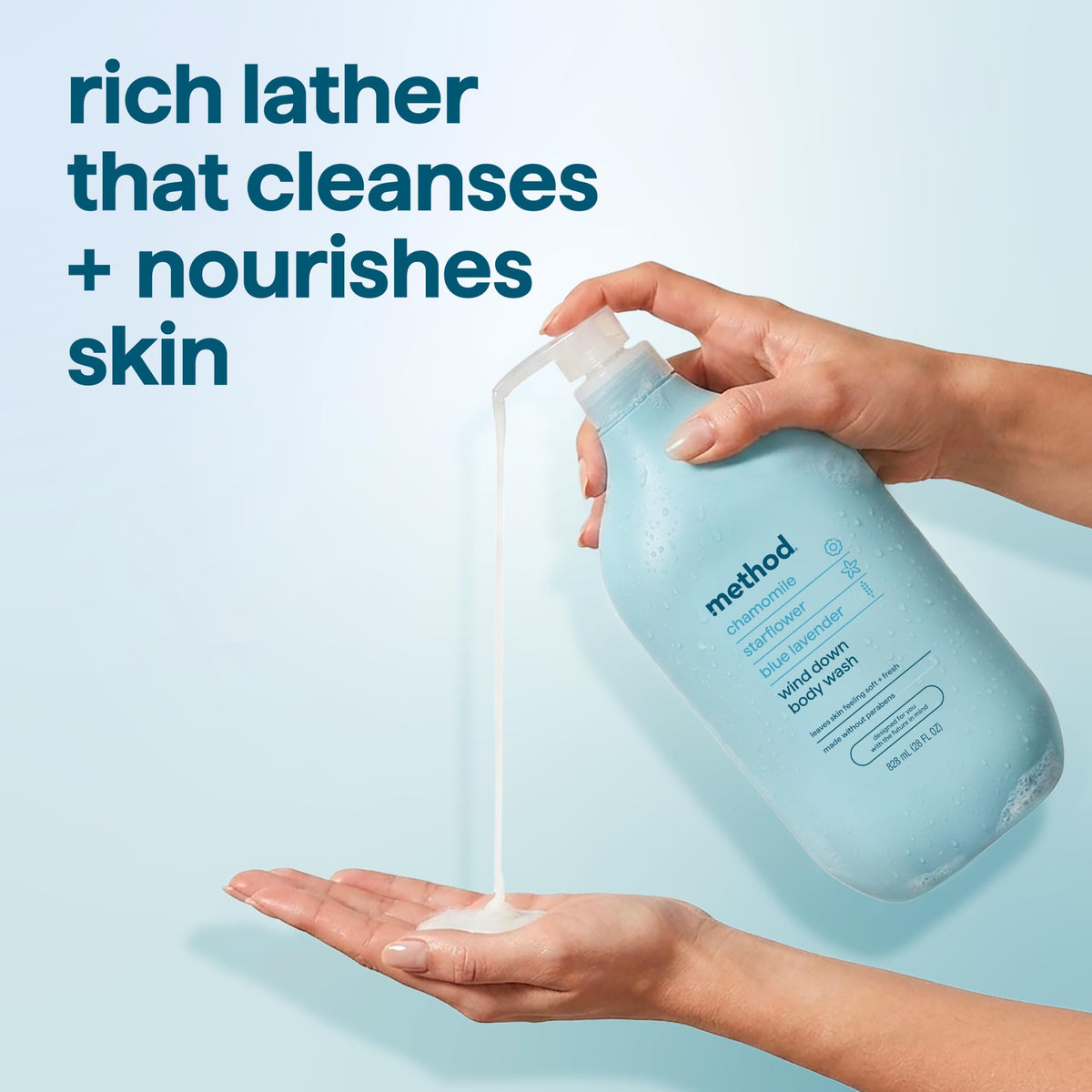 Flacon de gel douche Method Wind Down sur une surface de salle de bain