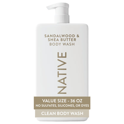 Flacon de gel douche Native 36 oz avec pompe, parfum santal et beurre de karité