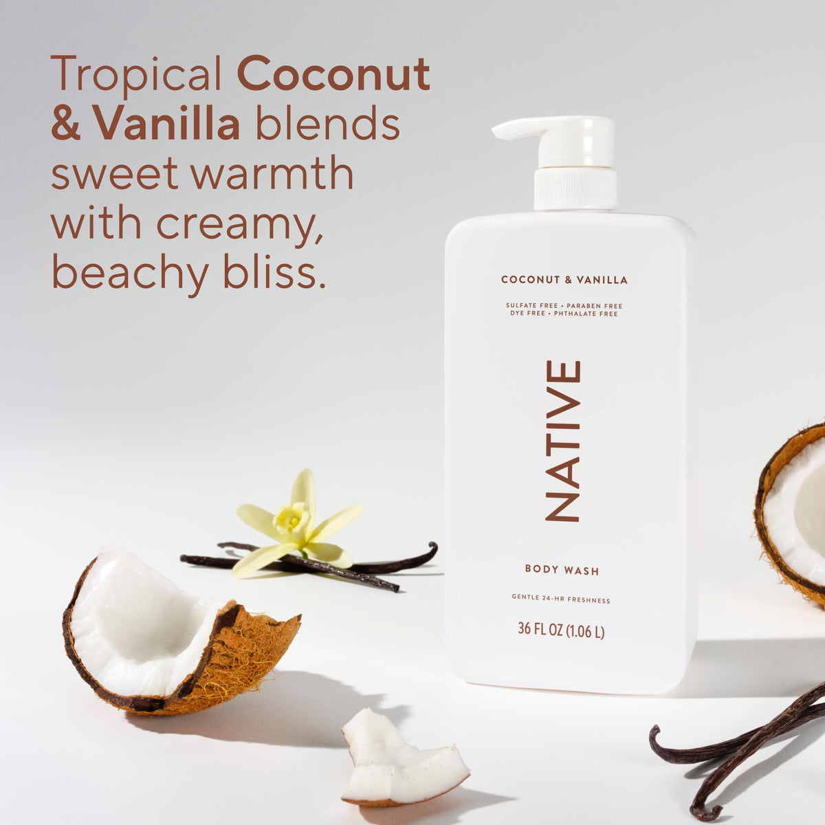 Flacon de gel douche Native sur un fond tropical