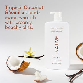 Flacon de gel douche Native sur un fond tropical