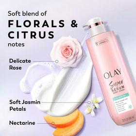 Flacon de Gel Douche Olay sur un fond floral