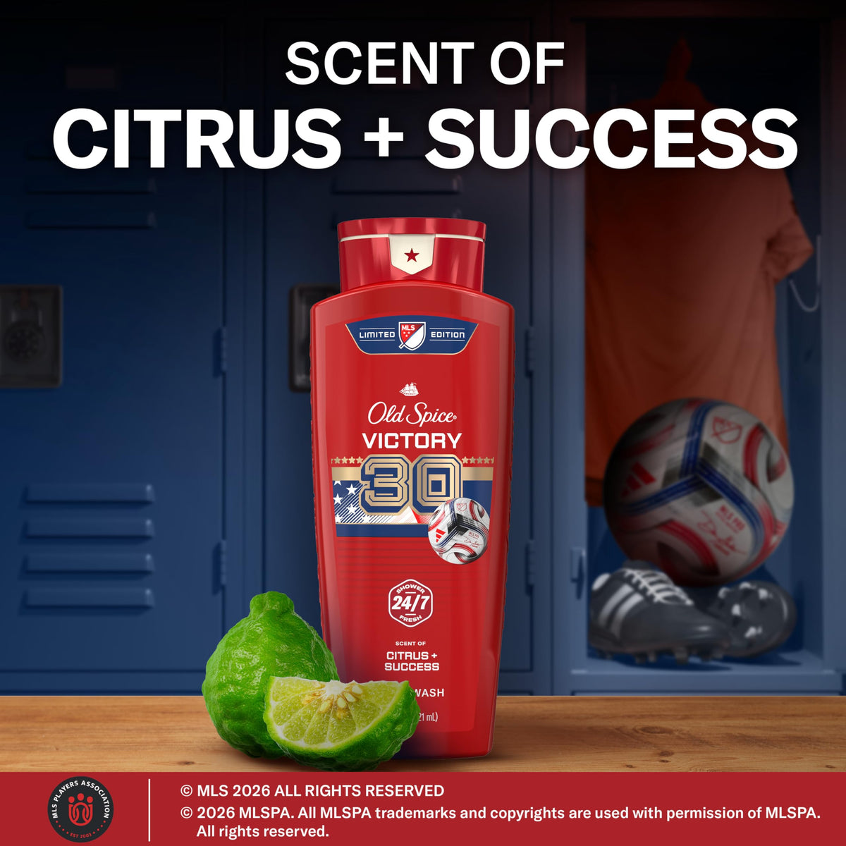 Flacon de Gel Douche Old Spice MLS Victory avec étiquettes visibles