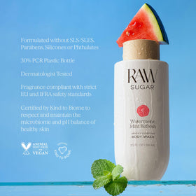 Flacon de gel douche RAW SUGAR avec des tranches de melon et des feuilles de menthe