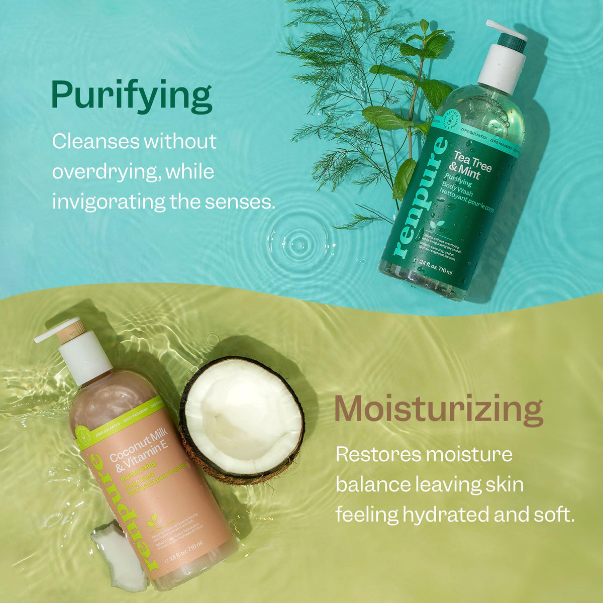 Flacon de gel douche RENPURE Tea Tree & Menthe 24oz