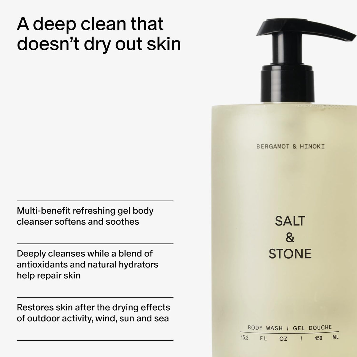 Flacon de gel douche Salt & Stone avec pompe vue de côté