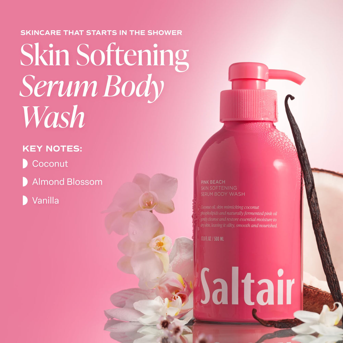 Flacon de gel douche Saltair 500 ml vue arrière avec ingrédients