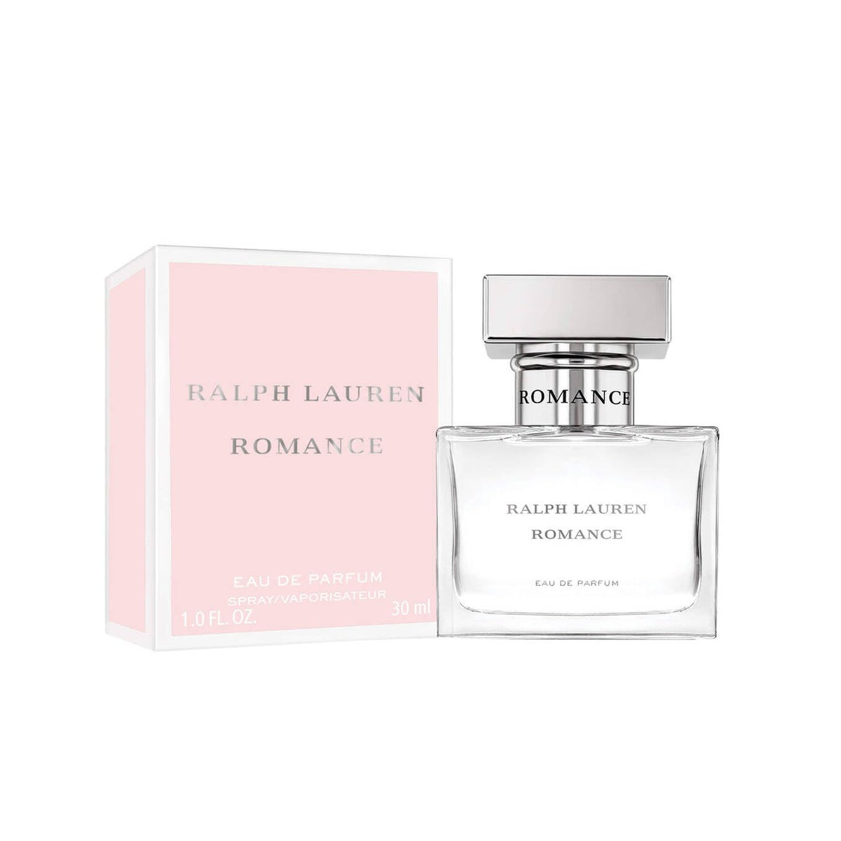 Flacon de l'Eau de Parfum Romance de Ralph Lauren à côté de pétales de rose