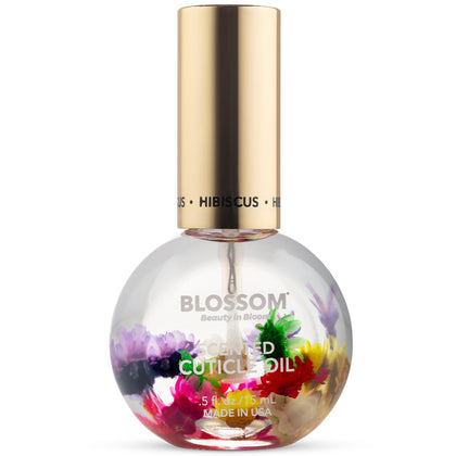 Flacon de l'huile à cuticules Blossom avec fleurs, modèle hibiscus