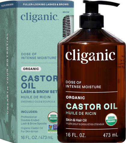 Flacon de l'huile de ricin bio Cliganic 480ml vue de face