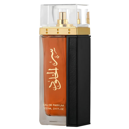 Flacon de Lattafa Ser Al Khulood Gold Eau de Parfum 100 ml avec bouchon doré