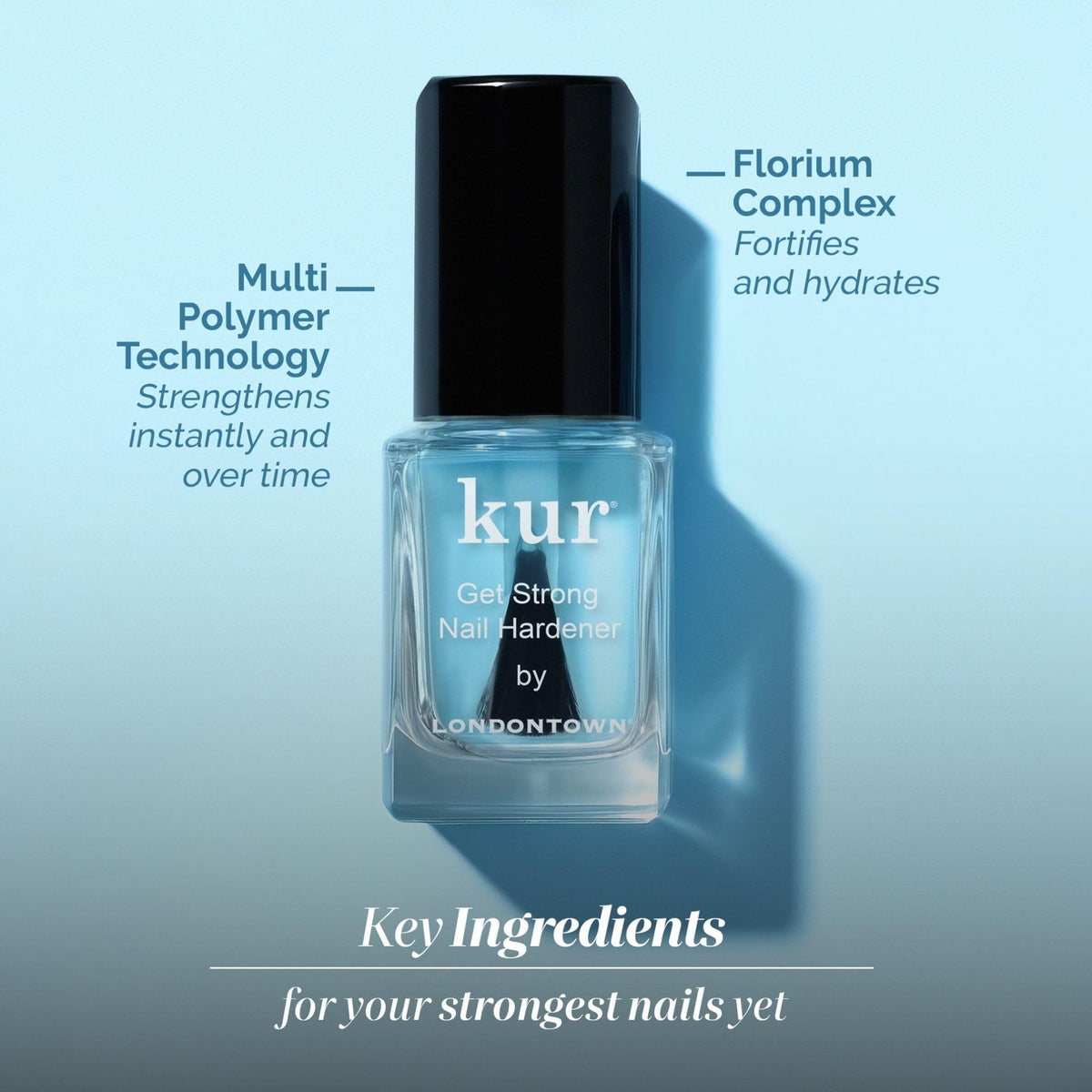 Flacon de LONDONTOWN Gel Fortifiant Ongles à côté de vernis à ongles