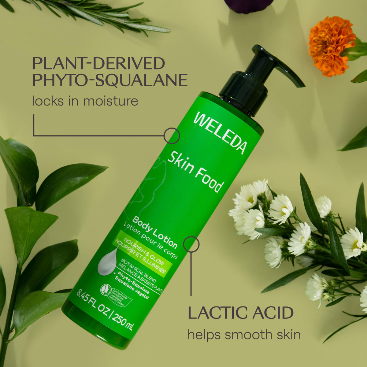 Flacon de Lotion Corporelle Weleda Skin Food sur une surface