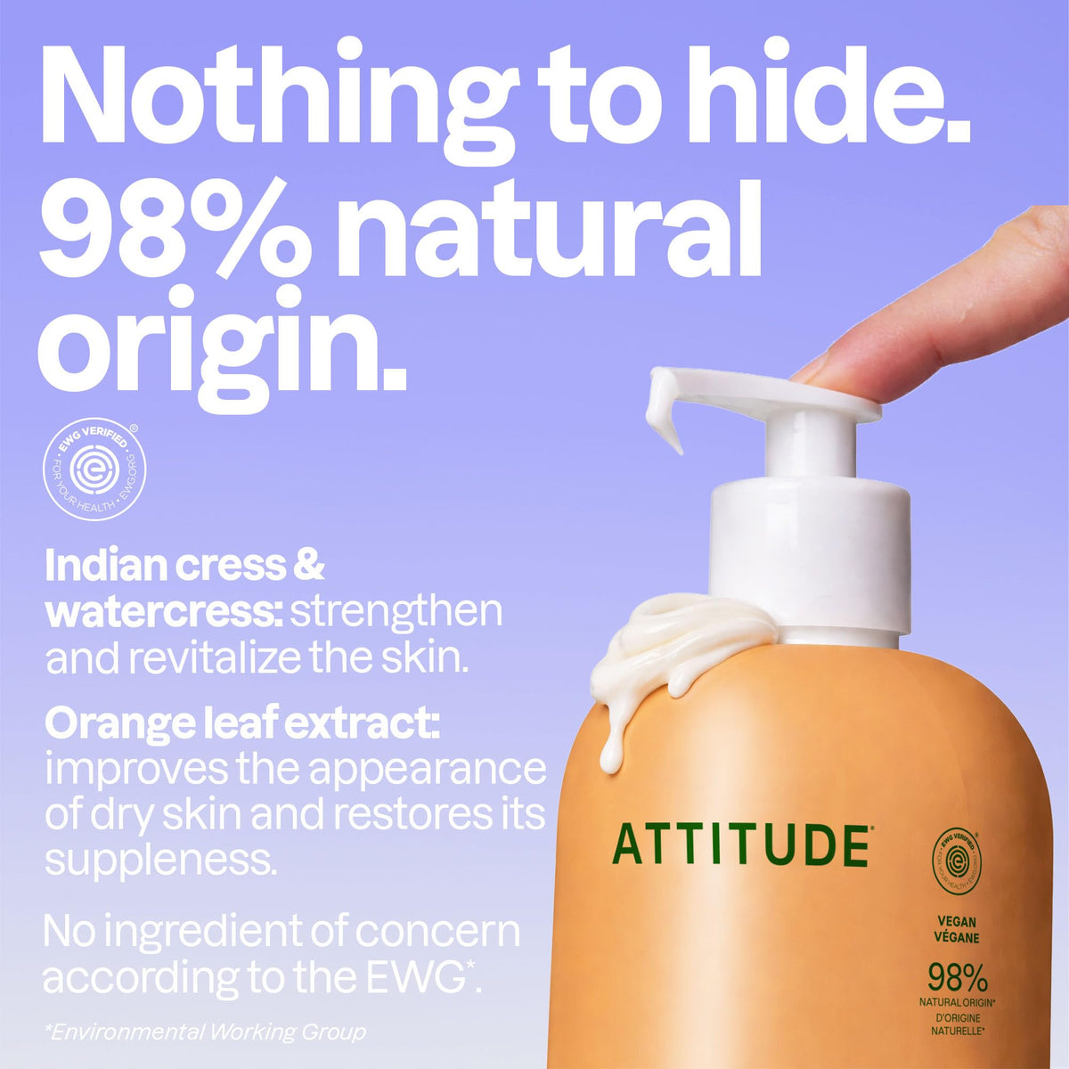 Flacon de lotion corps ATTITUDE avec étiquette fleur d'oranger et eucalyptus