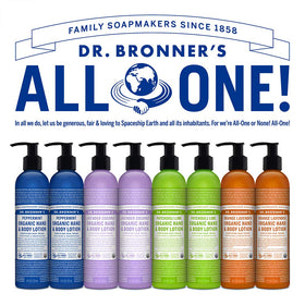 Flacon de lotion Dr. Bronner's sur un fond neutre