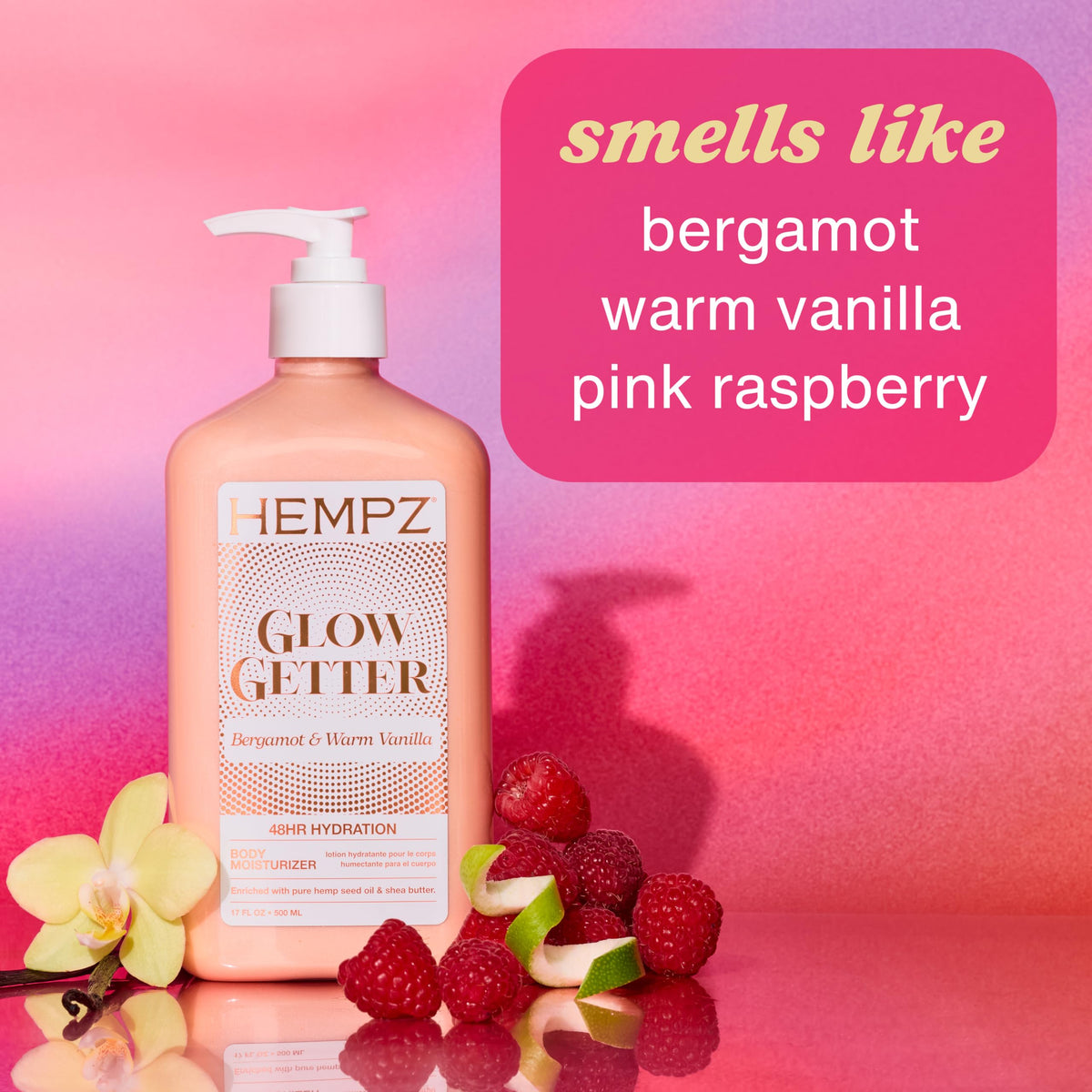 Flacon de lotion Hempz Glow Getter 500 ml avec étiquette