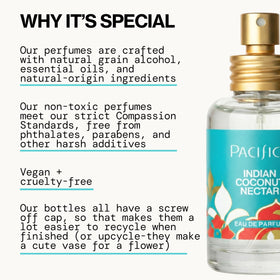 Flacon de Pacifica Indian Coconut Nectar sur fond tropical