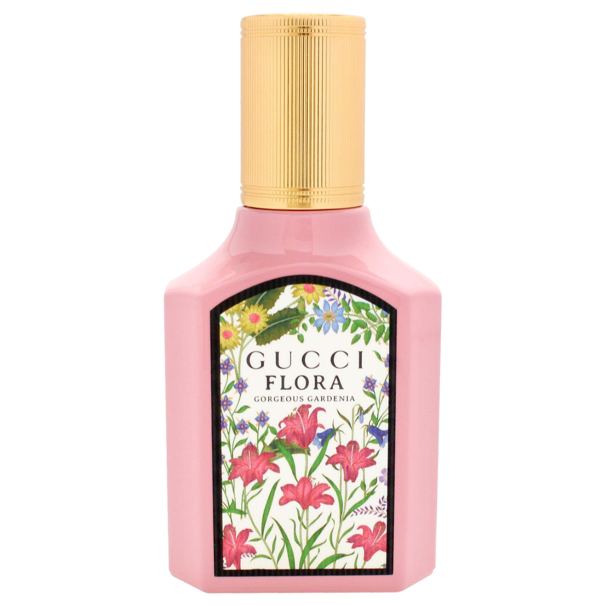 Flacon de parfum Gucci Flora Gorgeous Gardenia sur fond blanc