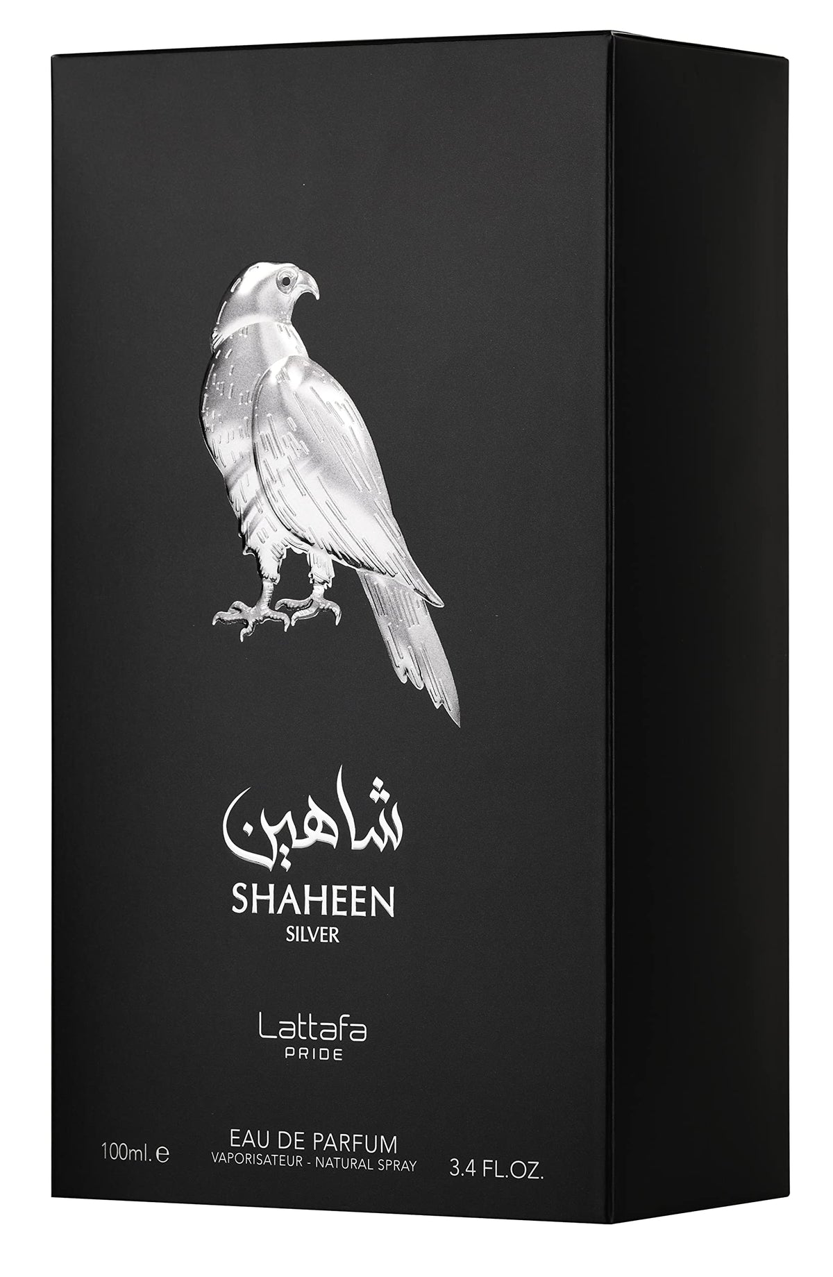 Flacon de parfum Lattafa Shaheen Silver 100ml avec étiquette