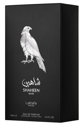 Flacon de parfum Lattafa Shaheen Silver 100ml avec étiquette