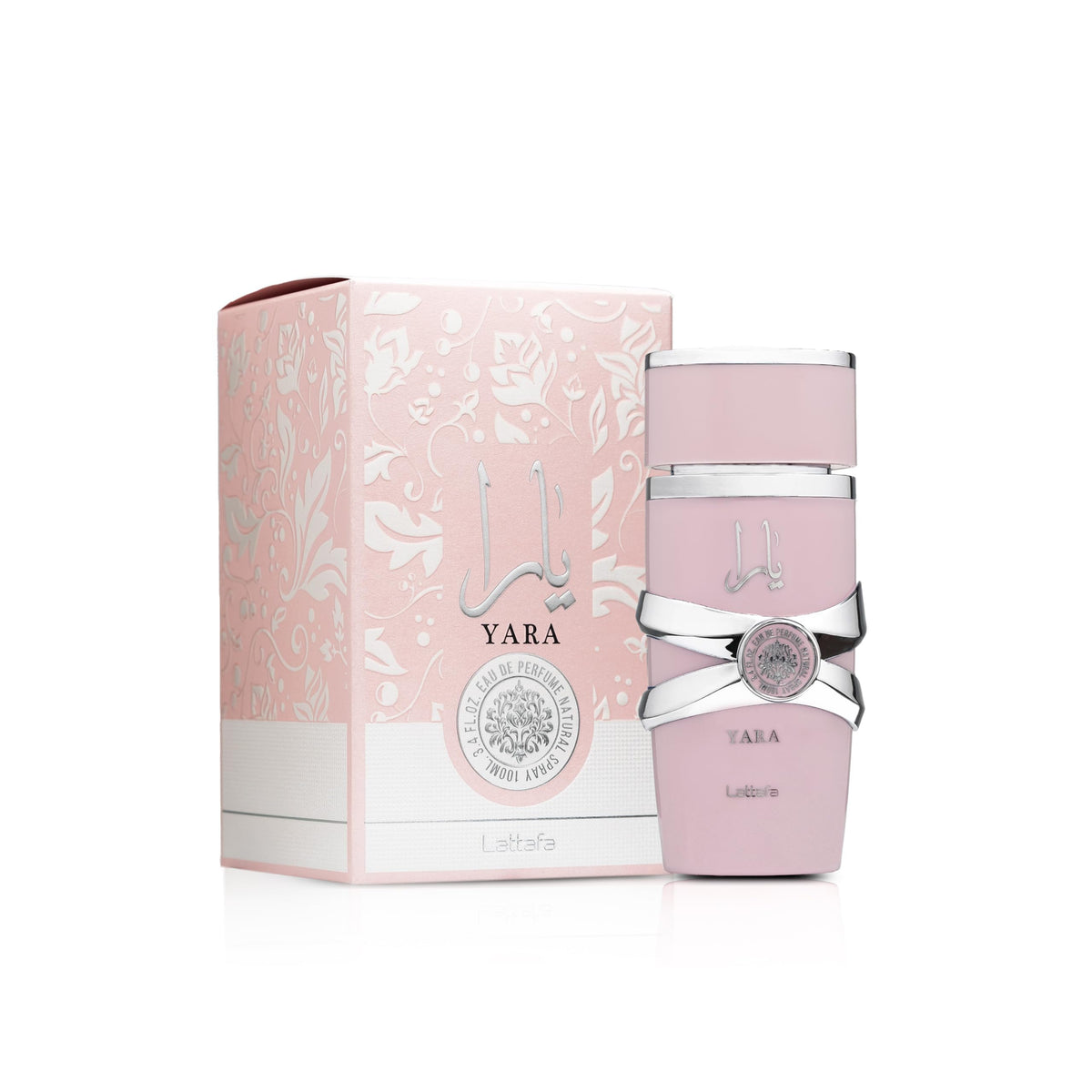 Flacon de parfum Lattafa Yara 100 ml avec fond floral