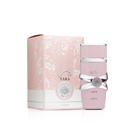Flacon de parfum Lattafa Yara 100 ml avec fond floral