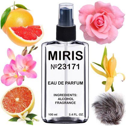 Flacon de parfum MIRIS 100 ml vue avant avec étiquette fleurie
