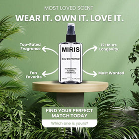 Flacon de parfum MIRIS posé sur une table