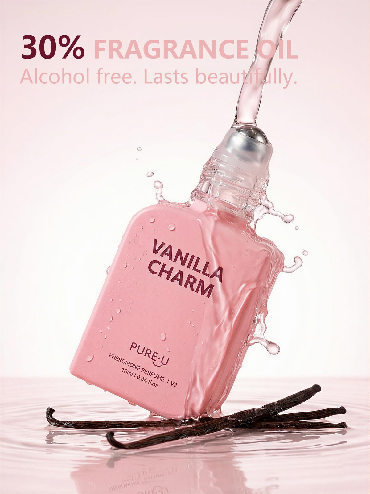 Flacon de parfum PUREU avec étiquette et couleur vanille