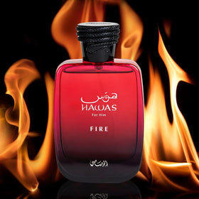 Flacon de parfum RASASI Hawas Fire sur fond neutre