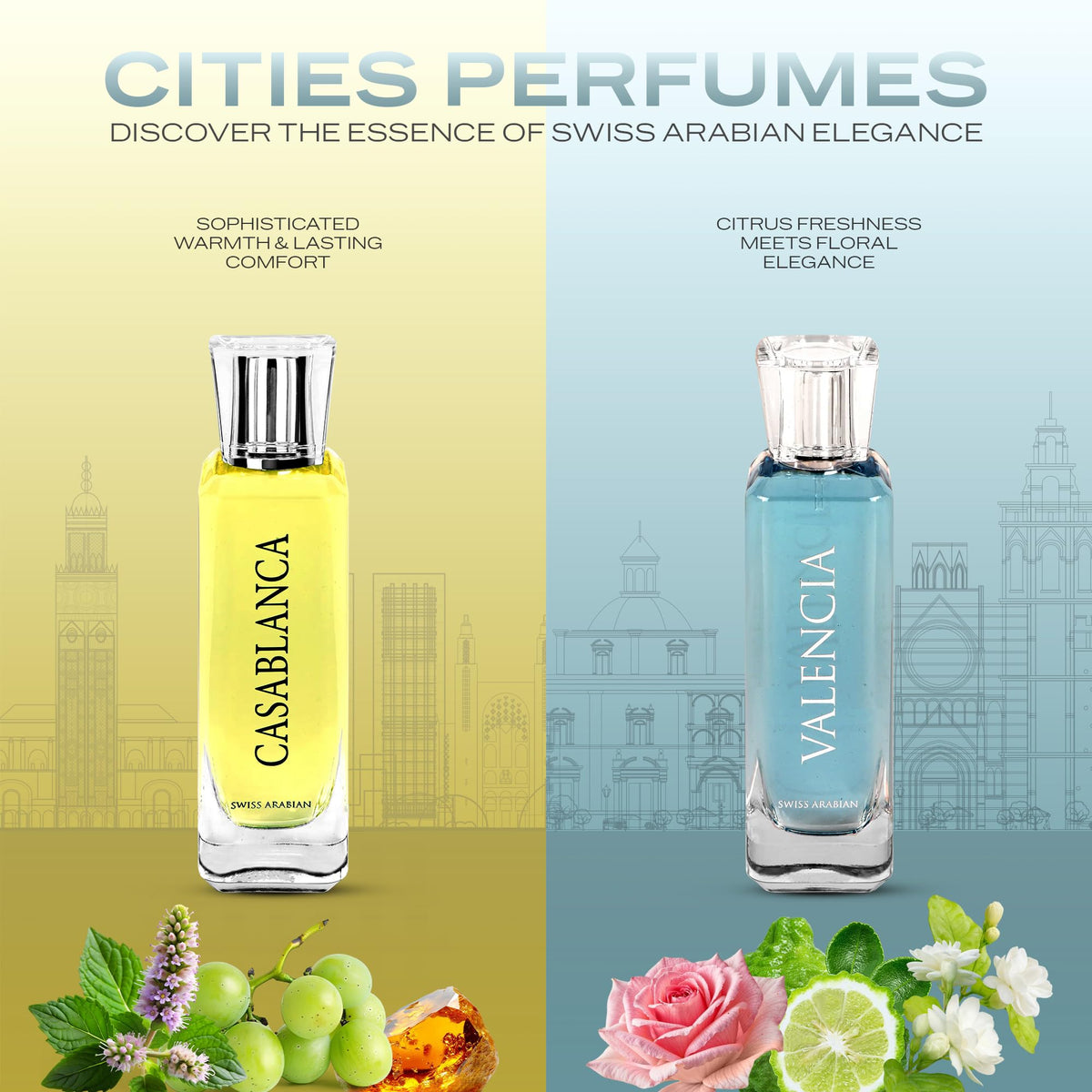 Flacon de parfum Swiss Arabian Casablanca avec un fond floral