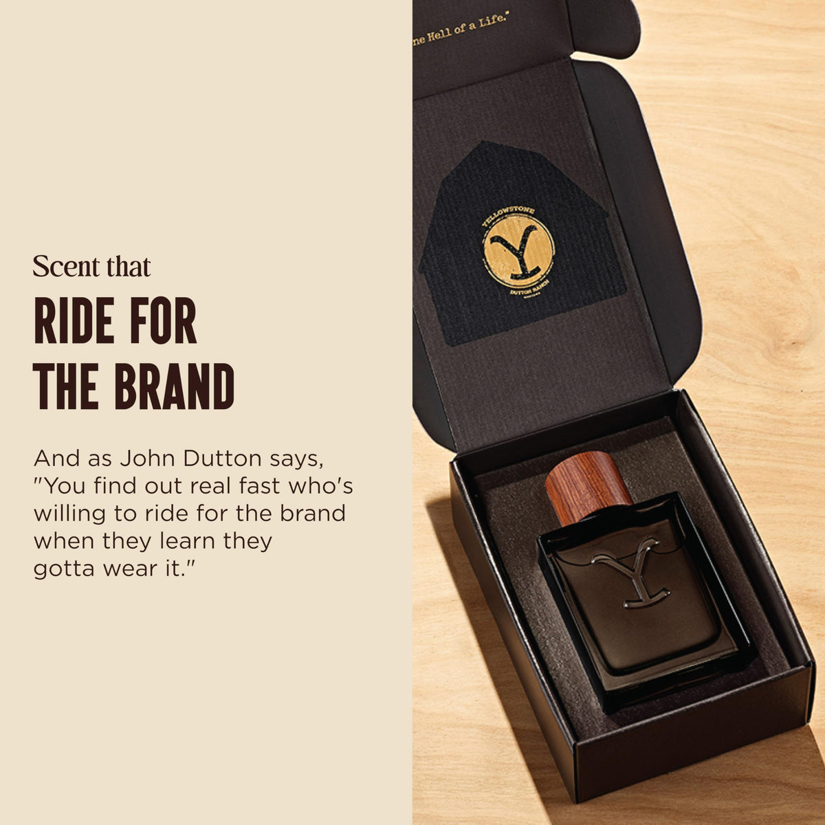 Flacon de parfum Yellowstone Ride Reserve sur un fond en bois