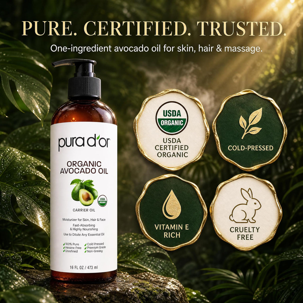 Flacon de PURA D'OR Huile d'Avocat Bio avec une goutte d'huile
