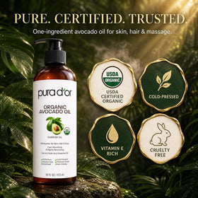 Flacon de PURA D'OR Huile d'Avocat Bio avec une goutte d'huile